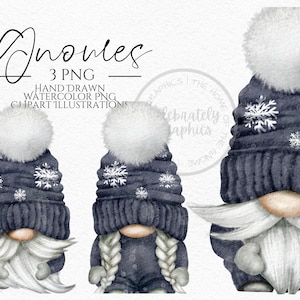 Christmas Hat Gnomes Png,  Grey Snowflake Hand Drawn Watercolor  Gnome Clipart, Digital Instant Download, Commercial  PNG
