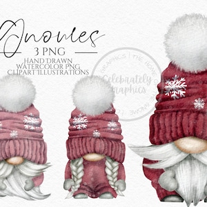 Christmas Hat Gnomes Png,  Pink Hat Hand Drawn Watercolor  Gnome Clipart, Digital Instant Download, Commercial  PNG