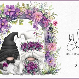 Bundle de cliparts de gnomes de mariage, fleurs violettes des mariés, bouquet, arche de mariage, gnomes aquarelles dessinés à la main png thumbnail