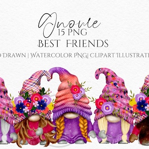 Melhores amigos gnomos, irmãs gnomos, melhores amigos gonks desenhados à mão aquarela gnomo clipart, download instantâneo digital, comercial PNG