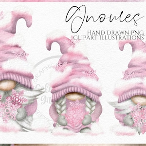 Pink Snowflake Gnomes Png, Hand Drawn Watercolor Gnome Clipart, Christmas Gonk Digital Instant Download, Commercial  PNG