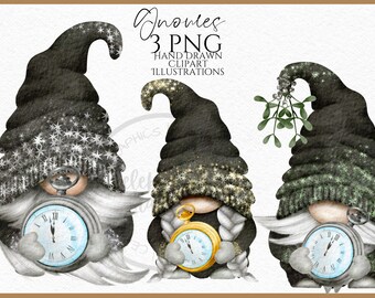 New Years Eve Gnomes Png, Hand Drawn Watercolor Gnome Clipart, New Year Clock Gonk Digital Instant Download, Commercial  PNG