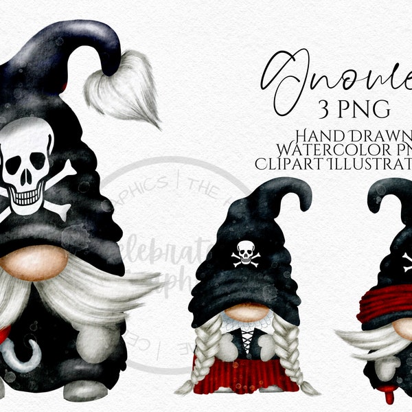 Pirate Gnome Clipart PNG Jolly Roger Gnome Hand Drawn Acquerello download immediato clipart commerciale digitale