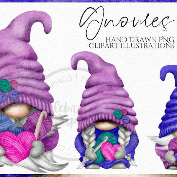 Crochet Gnome Clipart PNG Bundle  Crafting Gonk hand drawn watercolor instant download digital Commercial clipart
