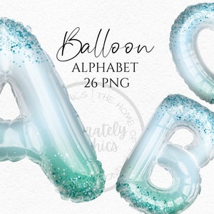 Folie ballon clipart, blauwe Ombre glitter folie ballon alfabet letters Instant Download graphics in PNG