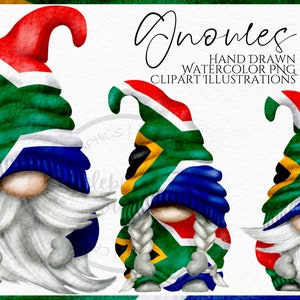 Clipart PNG di gnomo con bandiera sudafricana, Clipart di gnomo patriottico sudafricano disegnato a mano ad acquerello, Download digitale istantaneo, PNG commerciale