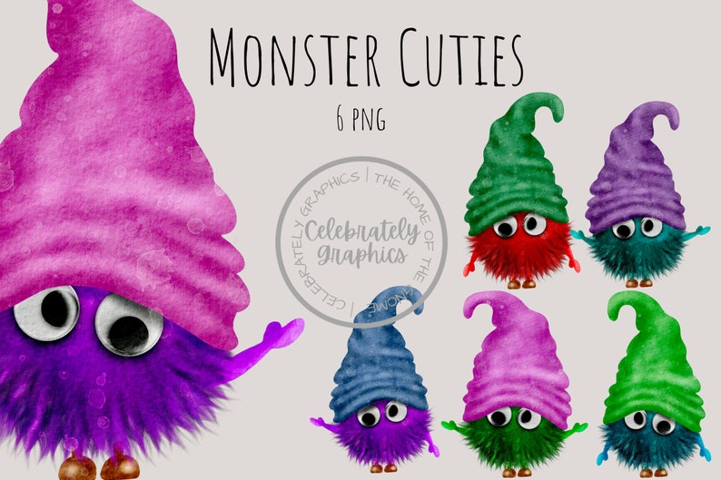 Colourful Monster Cuties clipart Monster Clipart PNG hand drawn watercolor instant download digital Commercial clipart image 1