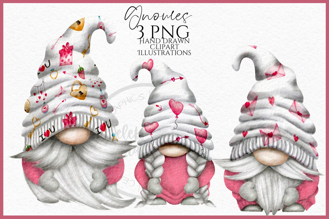 Pink Valentines Gnome Clipart PNG Hand Drawn Watercolour Gnome Clipart ...