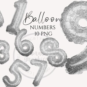 Foil Balloon Clipart, Silver Glitter Patterned Foil Balloon  numbers  Instant Download Graphics in Png