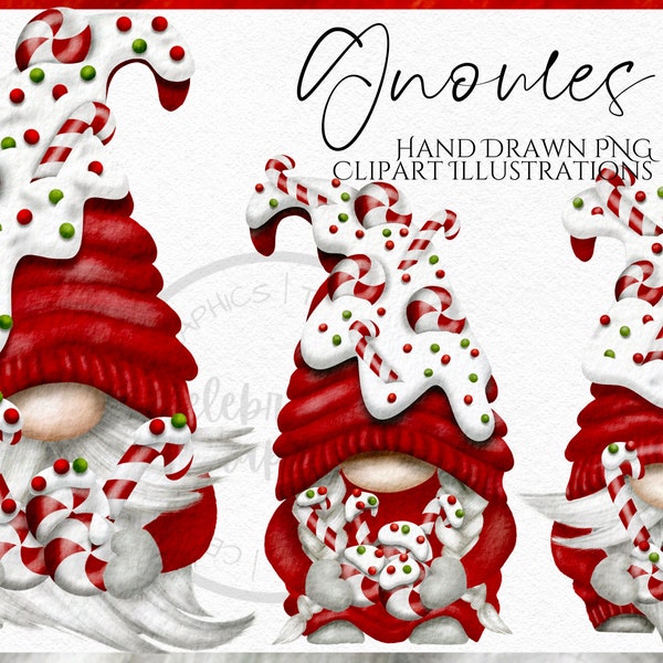 Christmas Candy Gnomes Png,  , Hand Drawn Watercolor  Gnome Clipart, Digital Instant Download, Commercial  PNG