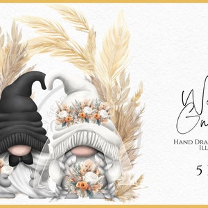 Bundle de cliparts de gnomes de mariage, fleurs bohèmes des jeunes mariés, bouquet, arche de mariage, gnomes aquarelles dessinés à la main png thumbnail