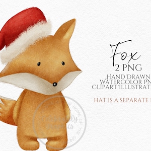 Fox Clipart PNG, gráficos de animais desenhados à mão, download instantâneo de chapéu de Natal, clipart comercial digital