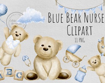 Nursery Clipart Blue Teddy Bears PNG clipart, baby clipart, Hand Drawn Bear graphics, instant download, digital Commercial clipart