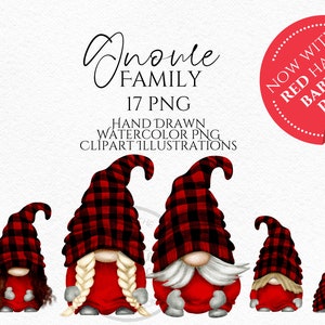 Nains à carreaux Buffalo, papa maman nain, enfants bébé animaux de compagnie Gnome aquarelle dessiné à la main des cliparts, téléchargement numérique instantané, PNG commercial