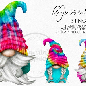 Paquete de imágenes prediseñadas PNG de gnomos teñidos a mano, imágenes prediseñadas comerciales digitales de descarga instantánea con acuarela de hippie Gonks