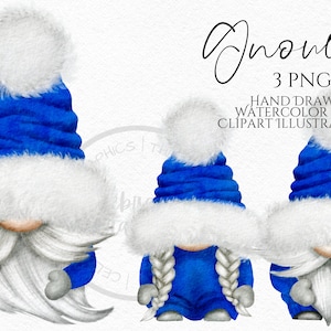 Blue Christmas Hat Gnomes Png,  , Hand Drawn Watercolor  Gnome Clipart, Digital Instant Download, Commercial  PNG