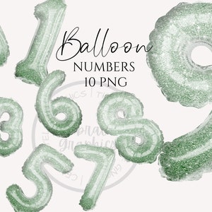 Folienballon Clipart, hellgrün Glitter gemusterte Folienballon Zahlen Instant Download Grafiken in Png