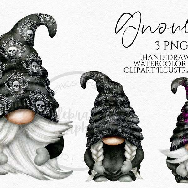 Gothic Gnomes Clipart PNG, Hand drawn watercolor clipart png Instant Download PNG