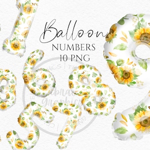 Clipart ballon aluminium, numéros de motif tournesol, téléchargement immédiat graphiques au format png