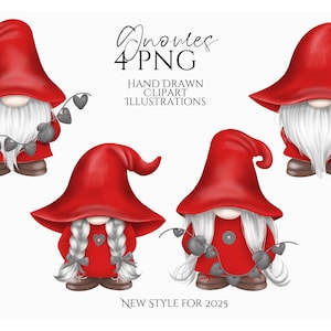Conjunto de imágenes prediseñadas de gnomo rojo, PNG dibujado a mano, lindo arte de gnomo de invierno, ilustración de gnomo rústico, día de San Valentín, gráficos de sublimación de Navidad