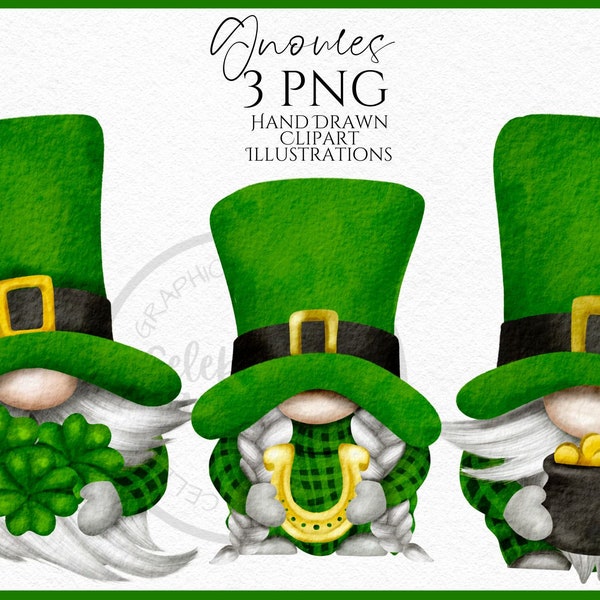 St Patrick Green Lucky Gnomes Clipart PNG Bundle  Horse Shoe  Gonks hand drawn watercolor instant download digital Commercial clipart