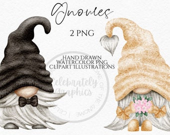 Wedding Gnomes Clipart, Bride and Groom Hand Drawn watercolour Gnomes png