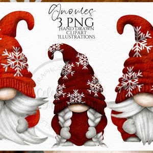 Red Snowflake Gnomes Png, Hand Drawn Watercolor Gnome Clipart, Christmas Gonk Digital Instant Download, Commercial  PNG