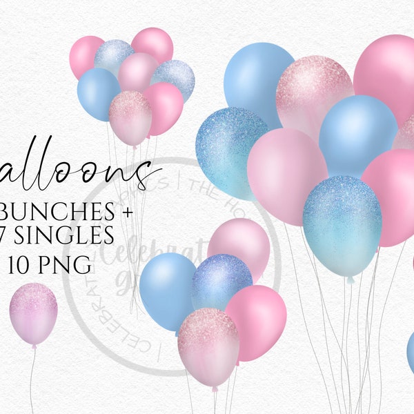 Gender Reveal Balloon Clipart, Boy Girl Pink Blue  Bunches  Instant Download Graphics in Png