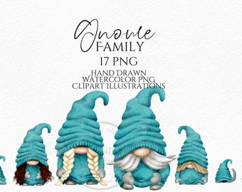 Turquoise Gnomes, Dad Mom Gnome, Children Baby Pets Gnome Hand Drawn Watercolor Gnome Clipart, Digital Instant Download, Commercial  PNG