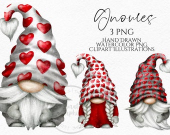 Red Valentines Gnome Clipart PNG Hand Drawn watercolour Heart Gnome Clipart PNG, Instant Download Gnome Clipart