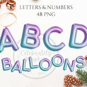 Blue Ombre Foil Balloon Clipart, Letters and Numbers Balloon Clipart Instant Download Graphics in Png