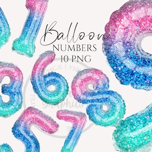 Ballon numéro Clipart, rose bleu vert paillettes motif numéros téléchargement instantané graphiques en Png