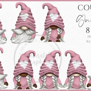 Lot de Couples de nain de la Saint-Valentin, Couple interracial Clipart PNG LGBT métisse Gonk aquarelle dessiné à la main Téléchargement instantané numérique