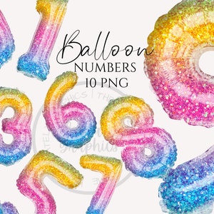 Imágenes prediseñadas de números de globos, números de patrón de brillo azul rosa amarillo, gráficos de descarga instantánea en png