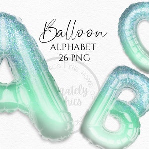 Clipart ballon aluminium vert bleu, lettres de l&#39;alphabet ballon aluminium téléchargement immédiat graphiques au format png