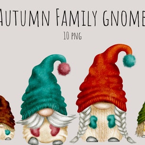 Family Autun Gnomes, Dad Mom Gnome, Children Gnome  Hand Drawn Watercolor Gnome Clipart, Digital Instant Download, Commercial  PNG