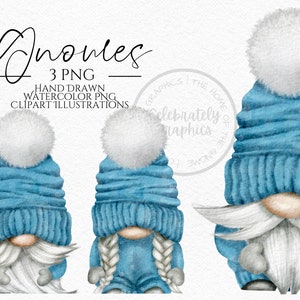 Christmas Hat Gnomes Png,  Blue hat Hand Drawn Watercolor  Gnome Clipart, Digital Instant Download, Commercial  PNG