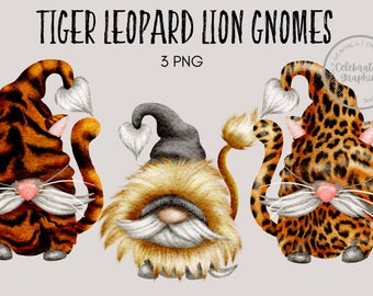 Tigre Léopard Lion Gnomes clipart PNG, Aquarelle dessinée à la main Gnome Clipart, Téléchargement instantané numérique, PNG commercial