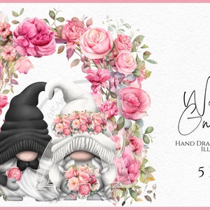 Bundle de cliparts de gnomes de mariage, fleurs roses des jeunes mariés, bouquet, arche de mariage, gnomes aquarelles dessinés à la main png thumbnail