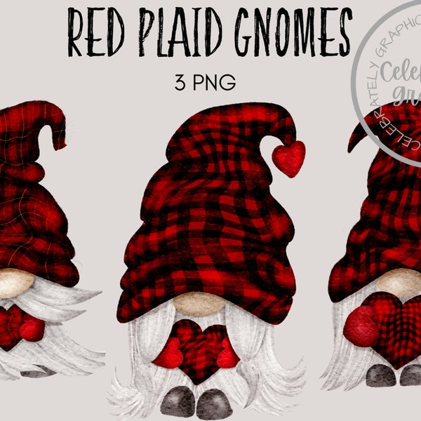 Red Plaid Gnome Clipart, Hand drawn watercolour instant download Clipart Png