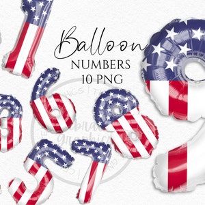 Folienballon Clipart, Amerika Patriotisch gemusterter Folienballon mit Schattenzahlen Sofort Download Grafiken in Png