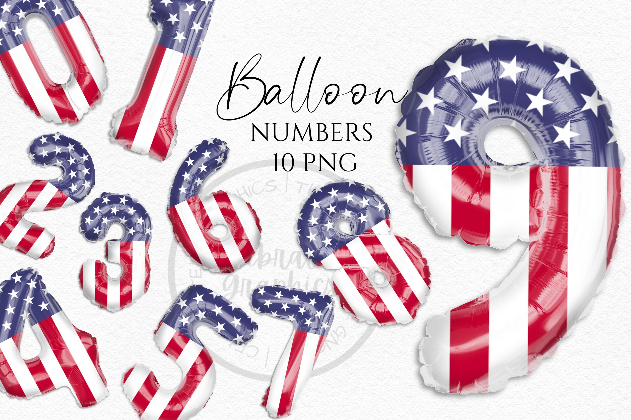 Foil Balloon Clipart, America Patriotic  Patterned Foil Balloon with Shadow numbers  Instant Download Graphics in Png