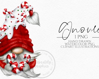Christmas Candy Gnome Clipart PNG Christmas Gnome hand drawn watercolor instant download digital Commercial clipart