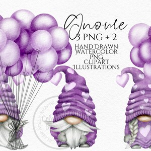 Paarse Valentines kabouters met ballonnen Clipart PNG bundel Valentines Gonks hand getekende aquarel instant download digitale commerciële clipart