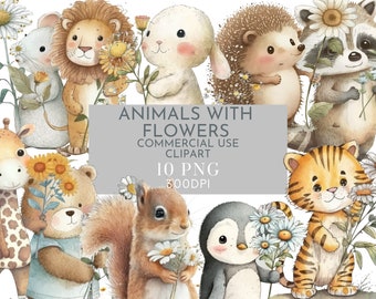 Cute Animals Holding A Daisy Clipart PNG, Pack of 10, Crafts Card Making Transparent Background, Instant Download, Commercial clipart