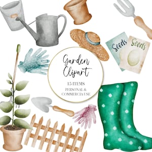 Jardin aquarelle Clipart jardinage outils Clipart graines Wellies gants semis plante Pot clipart Commercial Corjl Templett utilisation