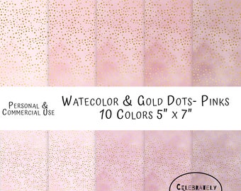 Commercial Use Watercolor Digital Gold Dots Pinks Paper with Dots 5"x7" 10 Colors Papers 10 Digital Papers Watercolor Background