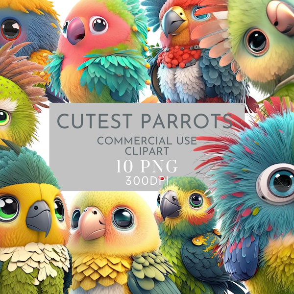 Cute Parrot Clipart PNG, Clipart Pack of 10, Crafts Card Making Transparent Background, Instant Download, Digital File, Commercial clipart