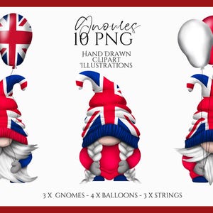 Gnomo de Union Jack, clipart de acuarela de Gonk dibujado a mano con motivos patrióticos británicos, descarga instantánea digital de globos del Reino Unido, PNG comercial