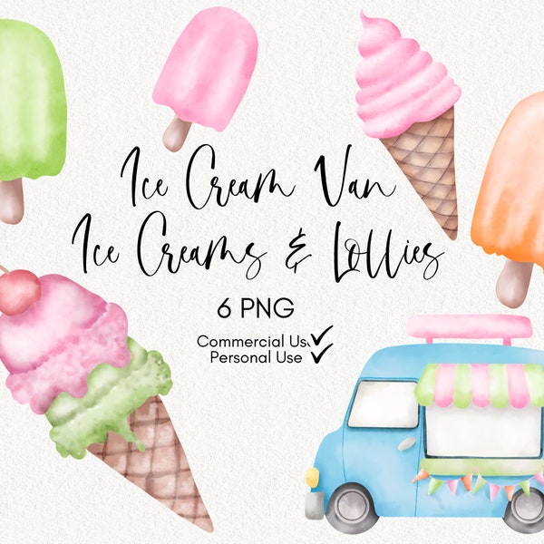 Ice Cream Van Watercolor Clipart Ice Lolly Clipart Lollies Ice Cream Cone Clipart  Commercial Corjl Templett Use